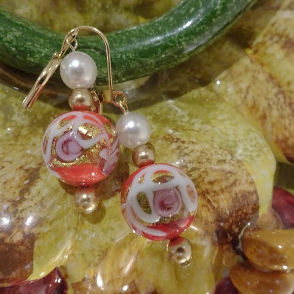Handmade drop-style Murano earrings in Mediterranean orange with lampwork - Picture 3 of 10